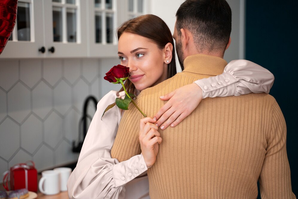 Woman with a red rose celebrating Valentine's Day in a loving embrace.